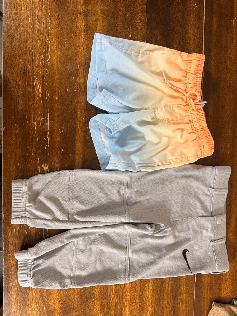 Nike Boys Gray Baseball Pants with Orange-Blue Ombre Swim Shorts